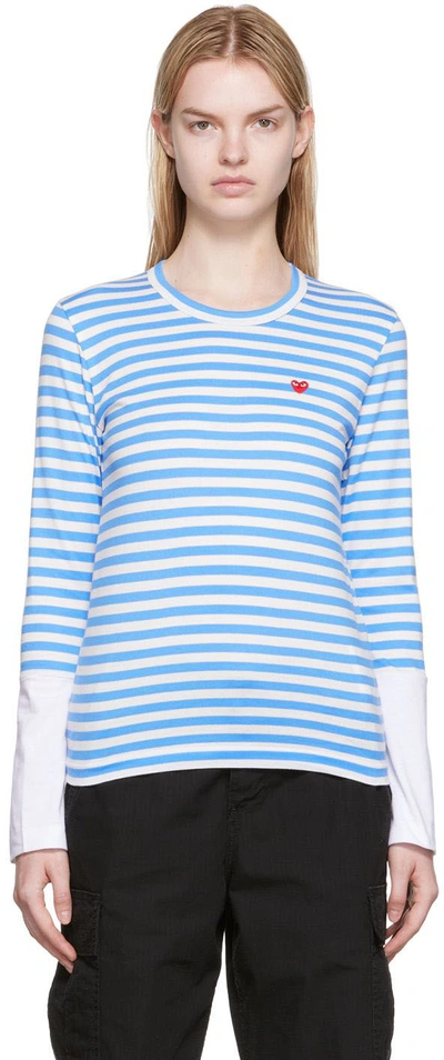 Comme Des Garçons Play White & Blue Small Heart Patch Long Sleeve T-shirt In Blue/white