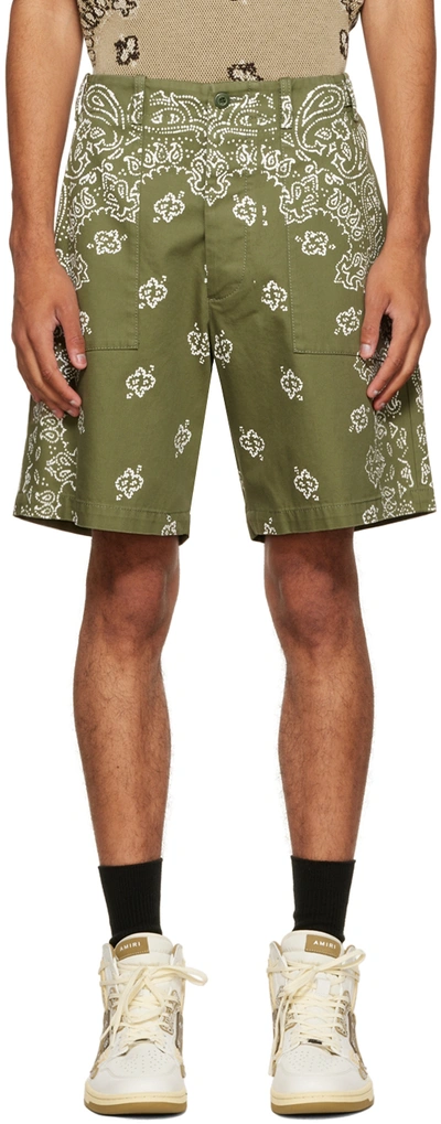Amiri Bandana-print Cotton-twill Shorts In Olive Green