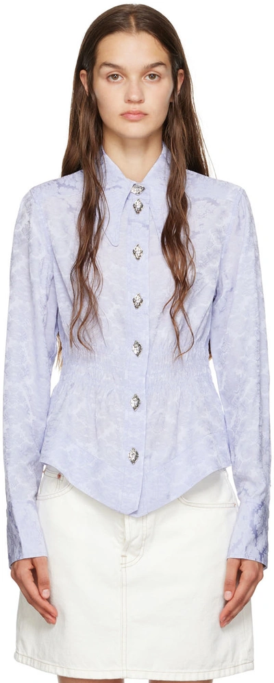 Ganni Floral Button-front Pointed Peplum Shirt In Blue