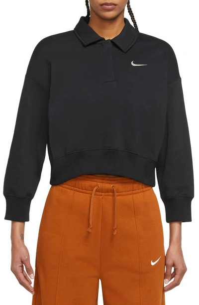 Nike Women's  Sportswear Phoenix Fleece 3/4-sleeve Crop Polo Sweatshirt In Black