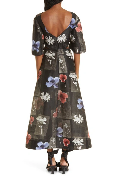 Ganni Cutout Picot-trimmed Floral-print Linen And Silk-blend Midi Dress In Flowers Black