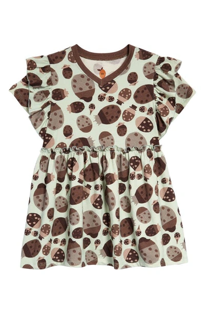 Naseberry Babies' Ladybug Ruffle Organic Cotton Dress In Brown/ Beige/ Green