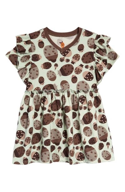 Naseberry Ladybug Ruffle Organic Cotton Dress In Brown/ Beige/ Green