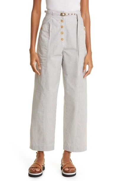 Ulla Johnson Lennox Belted Striped Cotton-canvas Straight-leg Trousers In Granite