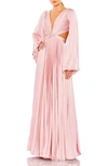 Mac Duggal Pleated Long Sleeve Cut Out Gown In Pink