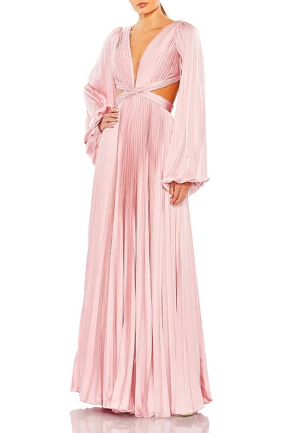 Ieena For Mac Duggal Pleated Long Sleeve Cut Out Gown In Pink