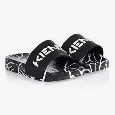 Kenzo All-over Print Logo Slippers In Black