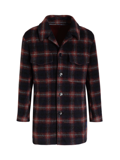 Etro Man Pea Coat In Navy Blue Check Cloth