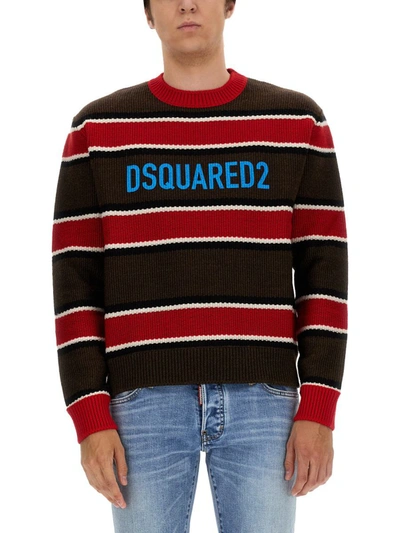 Dsquared2 Logo Striped Wool Knit Sweater In Multi