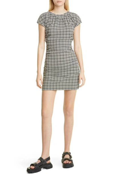 Ganni Plaid Open Back Stretch Seersucker Minidress In Mini Check Black