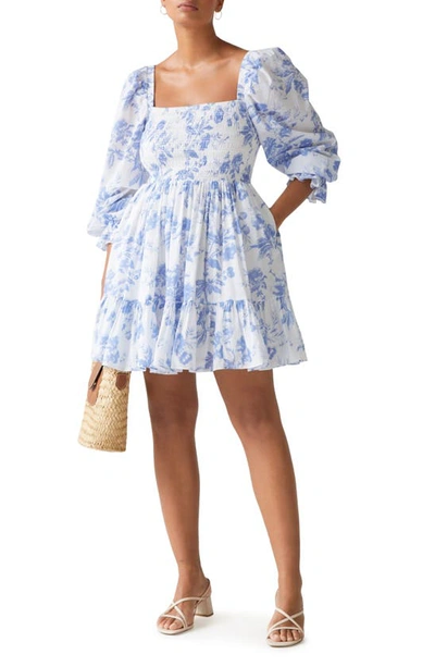 & Other Stories Smocked Tiered Long Sleeve Cotton Dress In White W. Blue Toile Aop