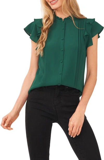 Cece Pintuck Ruffle Short Sleeve Blouse In Alpine Green