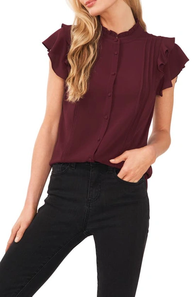 Cece Pintuck Ruffle Short Sleeve Blouse In Rich Cabernet