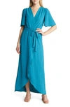 Fraiche By J Flutter Sleeve Faux Wrap Maxi Dress In Aqua