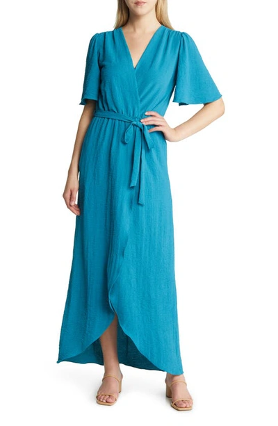 Fraiche By J Flutter Sleeve Faux Wrap Maxi Dress In Aqua