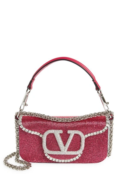 Valentino Garavani Locò Crystal Embellished Beaded Shoulder Bag In Crystal Magenta/ Silver/ Pink