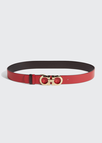 Ferragamo Gancini-buckle Reversible Leather Belt In Macadamia/gold