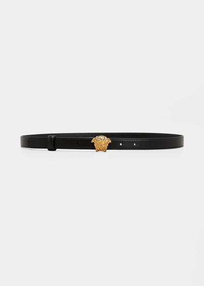 Versace La Medusa 20mm Leather Belt, Black In Black Gold