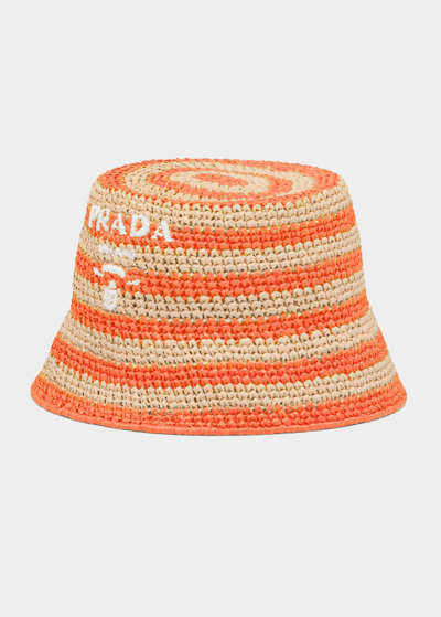 Prada Logo Striped Raffia Bucket Hat In F0p6k Naturale Ar