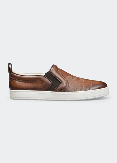 Berluti Men's Playtime Scritto Leather Slip-on Sneakers In Cacao Intenso