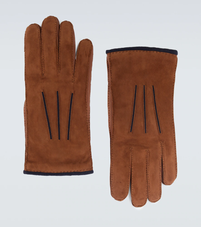 Loro Piana Damon Baby Cashmere-lined Suede Gloves In Dark Toffee