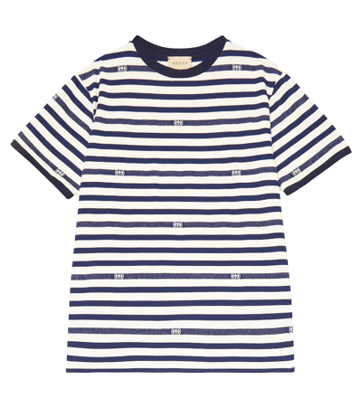 Gucci Kids' Stripe Logo-embroidered Cotton-jersey T-shirt 4-12 Years In Ivory/blue/mix