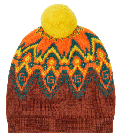 Gucci Kids' Intarsia-knit Pompom Beanie In Brown/yellow