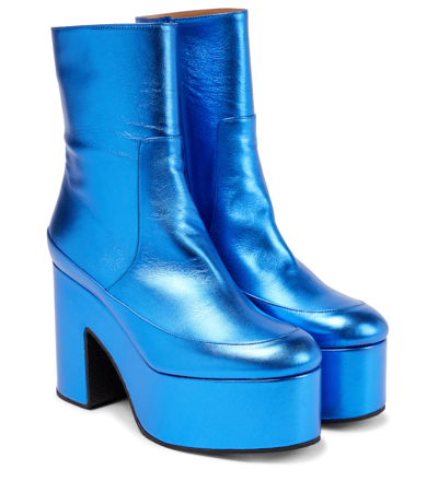 Dries Van Noten Metallic Leather Platform Boots In Electric Blue