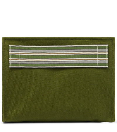 Loro Piana Suitcase Striped Cotton And Linen-blend Canvas Clutch In Matcha Powder/saddle Brown