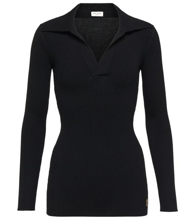 Saint Laurent Embellished Ribbed-knit Polo Jumper In Black