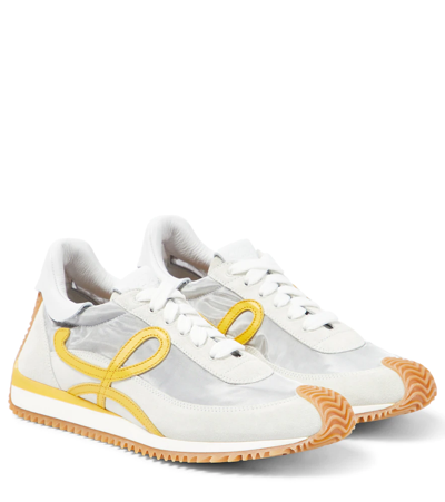 Loewe Flow Runner Suede Sneakers In White,silver,yellow