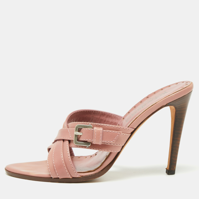 Pre-owned Saint Laurent Pink Leather Cross Strap Buckle Sandals Size 39