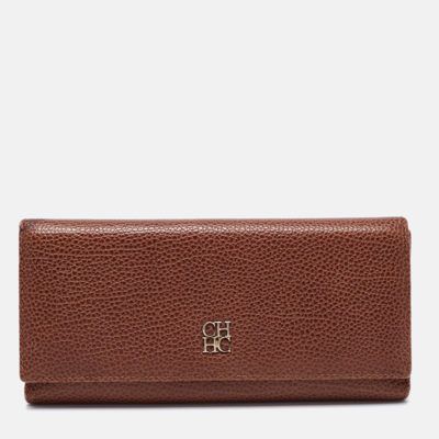 Pre-owned Ch Carolina Herrera Brown Monogram Leather Flap Continental Wallet
