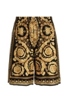 Versace Knee-length Black And Gold Silk Shorts With Barocco Print In Multicolor