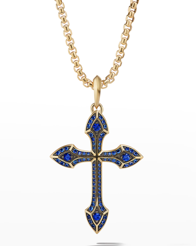 David Yurman Men's 18k Yellow Gold Pavé Sapphire Gothic Cross Amulet