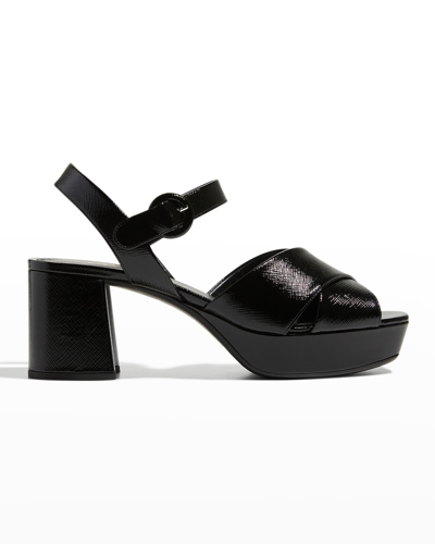 Prada Vernice Crisscross Platform Sandals In Nero