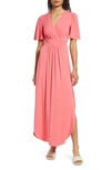 Fraiche By J Flutter Sleeve Jersey Maxi Dress In Hot Coral