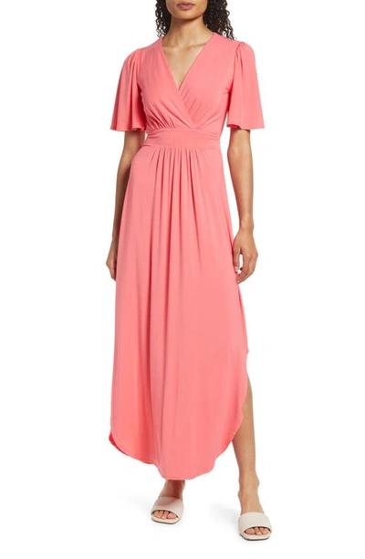 Fraiche By J Flutter Sleeve Jersey Maxi Dress In Hot Coral