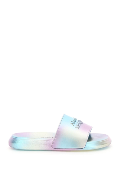 Alexander Mcqueen Logo-embossed Holographic Rubber Sliders In Multicolor