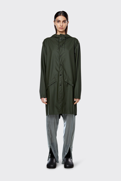 Rains Long Snap-front Jacket In Green