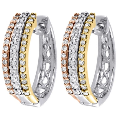 Pre-owned Jfl Diamonds & Timepieces 10k Tri Tone Gold Round Diamond 3 Row Ladies Hoops 4mm Earrings 0.25 Ct. In White