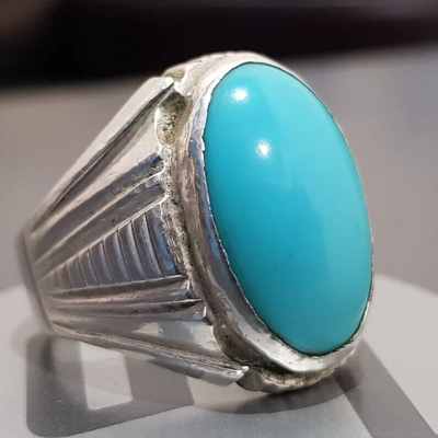 Pre-owned Handmade Mens  Ring, Turquoise Men Silver Ring, Oval Gemstone Ring, Modern Gift In Blue