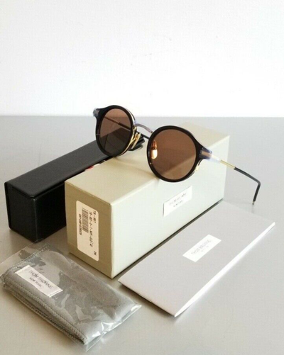 Pre-owned Thom Browne 807 D-t-nvy-gld Sunglasses Navy 18kt Gold W/ Brown Lenses 45m