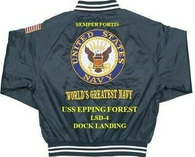 Pre-owned Auburn Uss Epping Forest Lsd-4 Dock Landing Embroidered Satin Jacket(back Only) In Blue