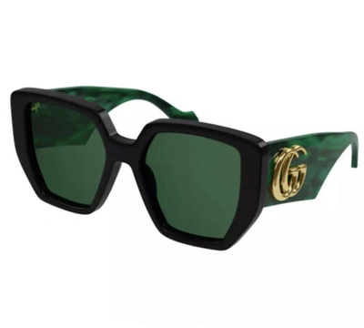 Pre-owned Gucci Sunglasses Gg0956s 001 Black Gold Green Lens Square Woman Authentic