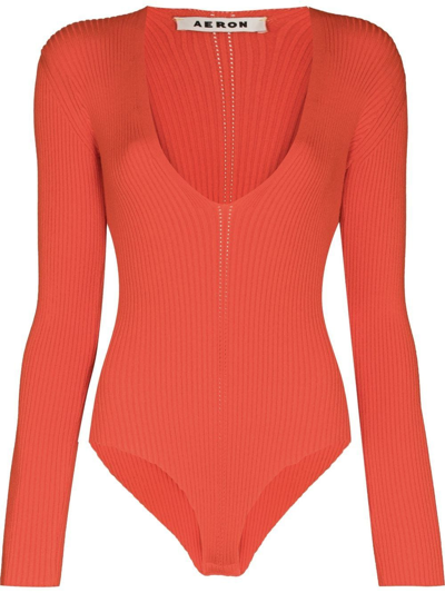 Aeron Falaise V-neck Ribbed Knit Bodysuit In Red