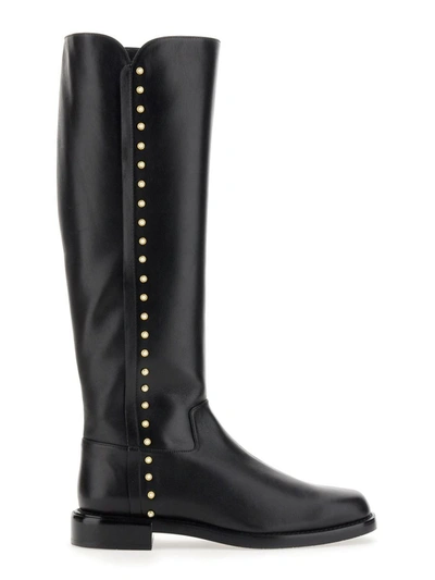 Stuart Weitzman Pearl Studded Knee-high Leather Boots In Black