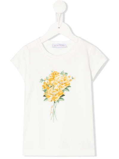 Monnalisa Kids' Floral-print Cotton T-shirt In Cream + Mimosa