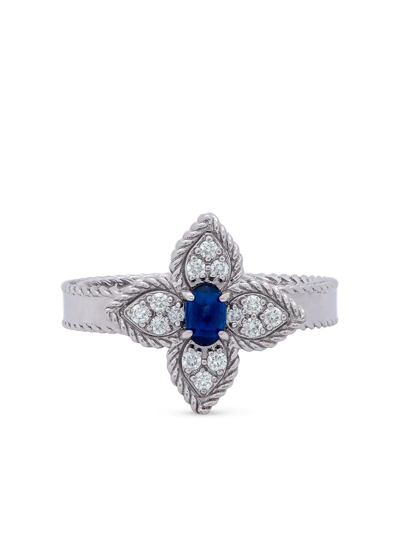 Roberto Coin 18kt White Gold Princess Flower Diamond And Sapphire Ring In Silber