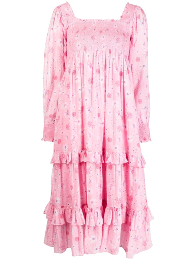 Loveshackfancy Floral-print Tiered Midi Dress In Pink